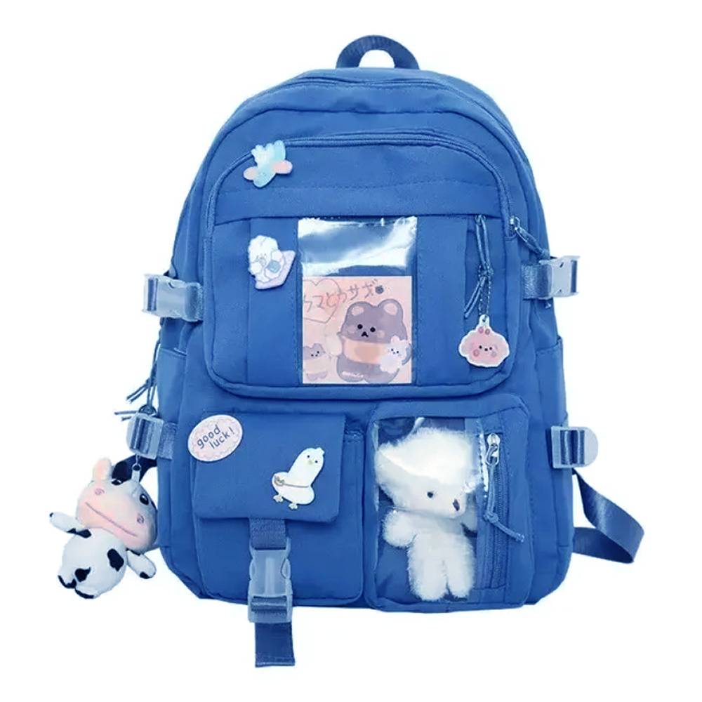 リュックサック 推し活 リュック ポケット付き ぬいぐるみ付き 韓国 バックパック レディース｜ブルー - 画像1