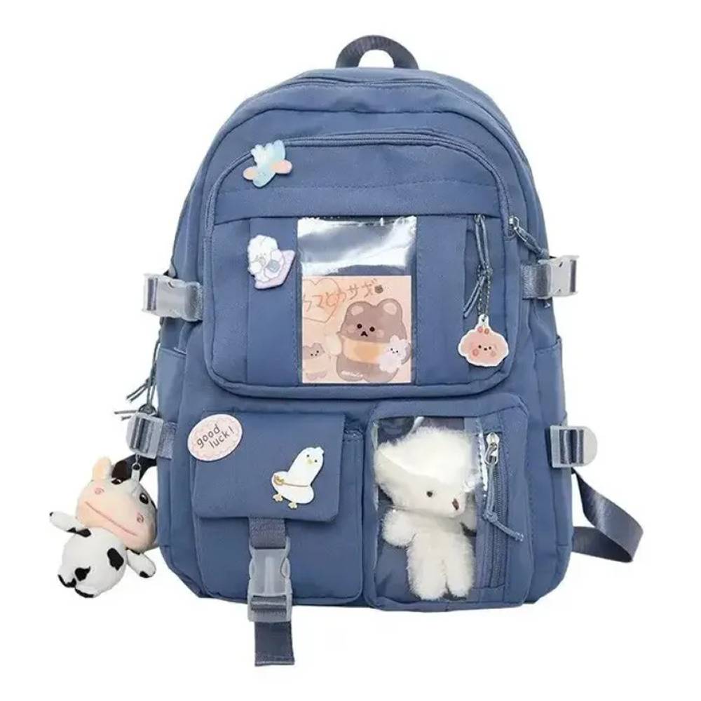 リュックサック 推し活 リュック ポケット付き ぬいぐるみ付き 韓国風 バックパック レディース 通学   ブルー