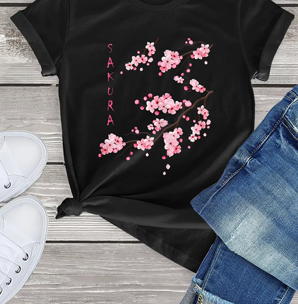 桜 プリントTシャツ カジュアル クルーネック 半袖 Tシャツ 和風 婦人服  M