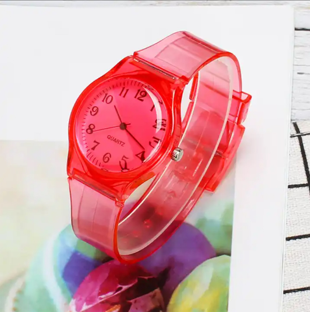 腕時計 レディース 赤 シンプル クォーツ 軽量 透明ベルト カジュアル キッズ 学生 女の子  赤