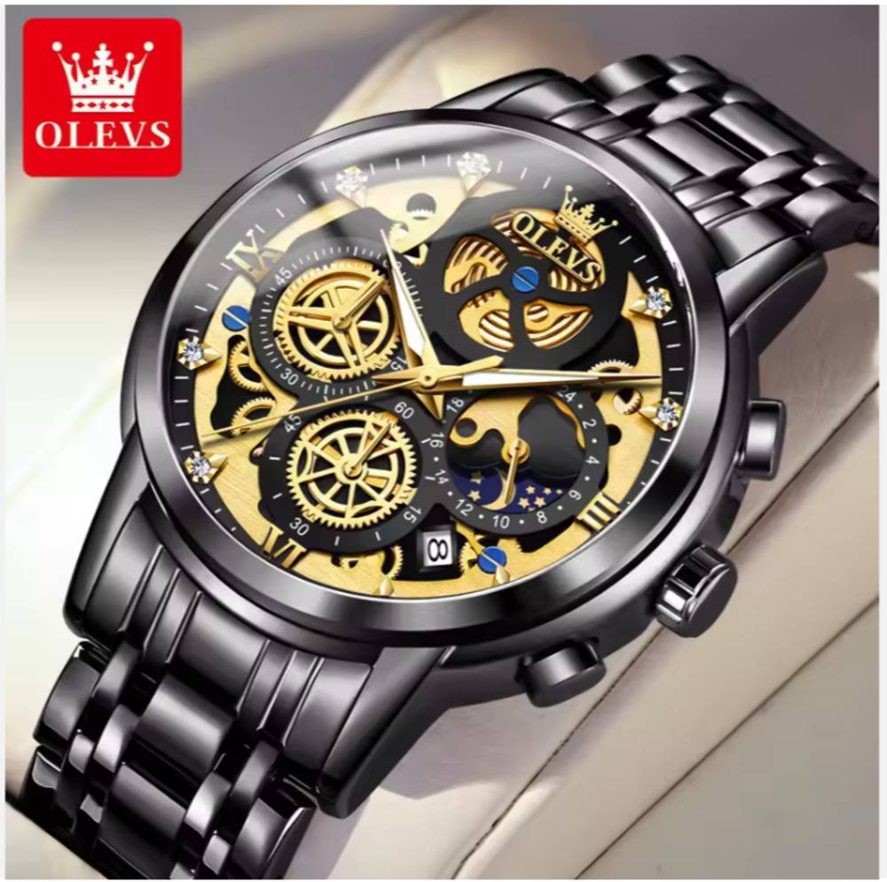 腕時計 Olevs 高級 レトロ アナログ クォーツ 時計 ステンレス 鋼合金 ビジネス 男性 黒