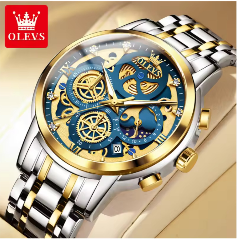 腕時計 Olevs 高級 レトロ アナログ クォーツ 時計 ステンレス 鋼合金 ビジネス 男性 青