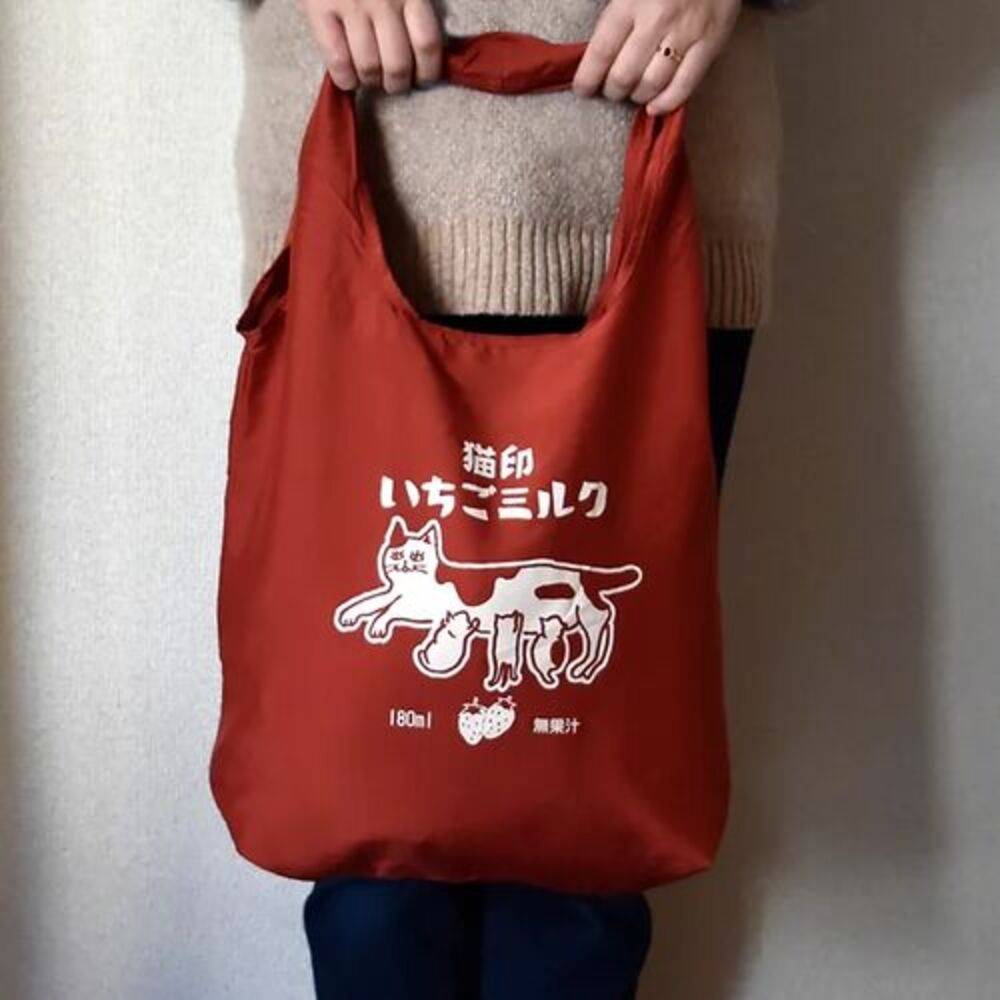 おしゃれ かわいい プレゼント ギフト レッド 雑貨 折りたたみ 猫グッズ 昭和レトロ お買い物袋   赤｜赤