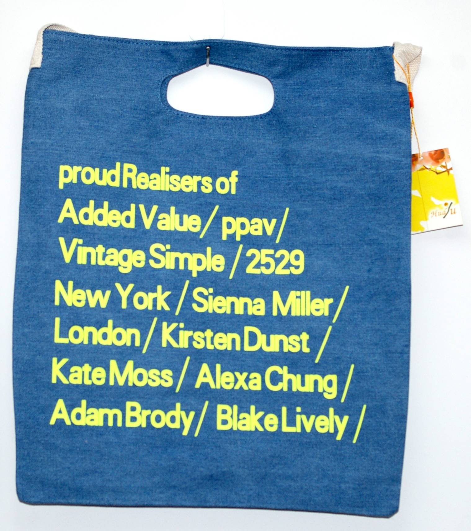 ショルダー 手提げ 両用 キャンバス バッグ エコバッグ 英字テキスト柄 デニム  青-黄文字