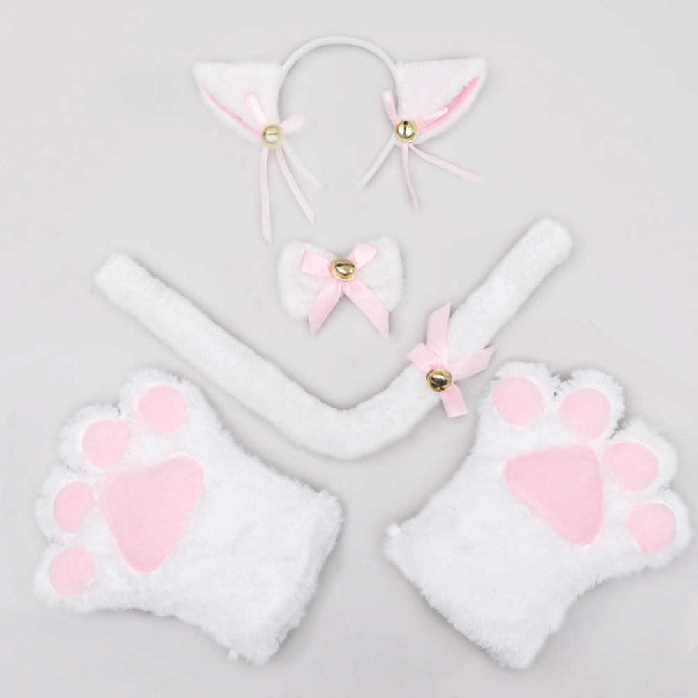 猫 なりきりセット レディース かわいい コスプレ イベント 衣装 手袋 リボン 猫耳  しっぽ 白｜白 - 画像2