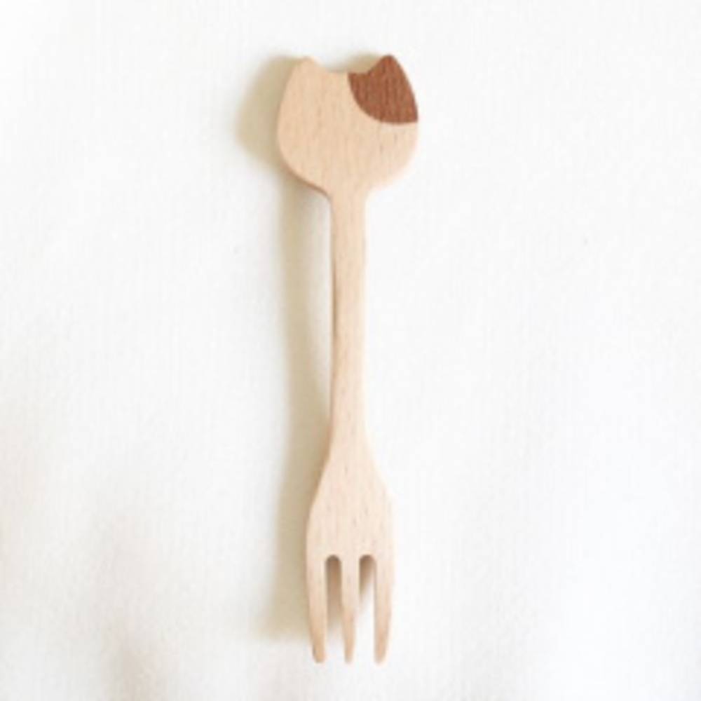 フォーク Mioシリーズ ネコモチーフ 木製 インドネシア製 ねこ 猫 カトラリー ブチ 猫モ ブチ