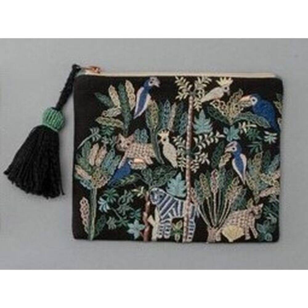 北欧 ポーチ 刺繍 化粧 旅行 小物入れ タッセル インド製 COTTAGE artipur 動物   黒