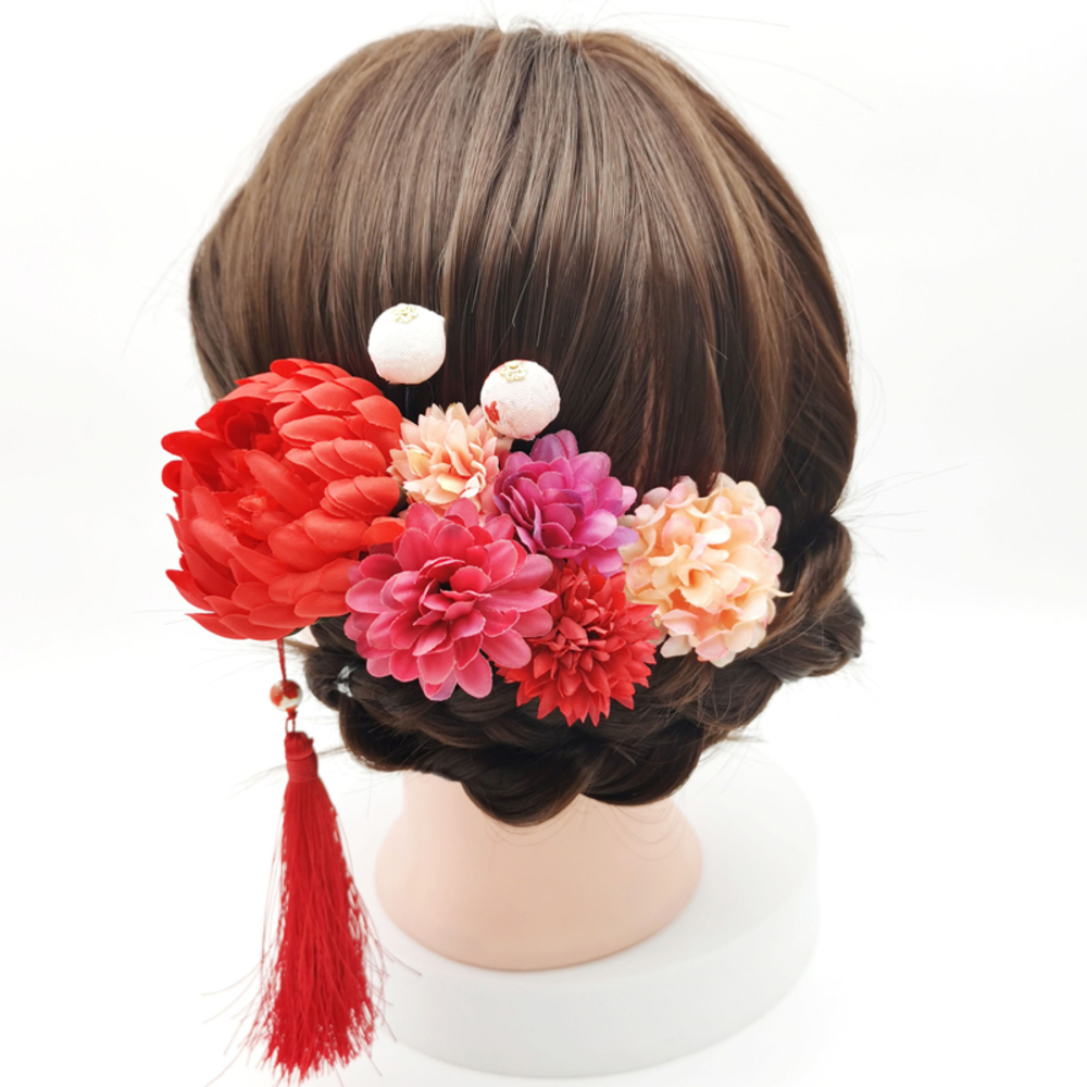 髪飾り タッセル 丸菊 かんざし 豪華 9点セット 振袖 成人式 卒業式 祭り 着物 袴 浴衣   赤