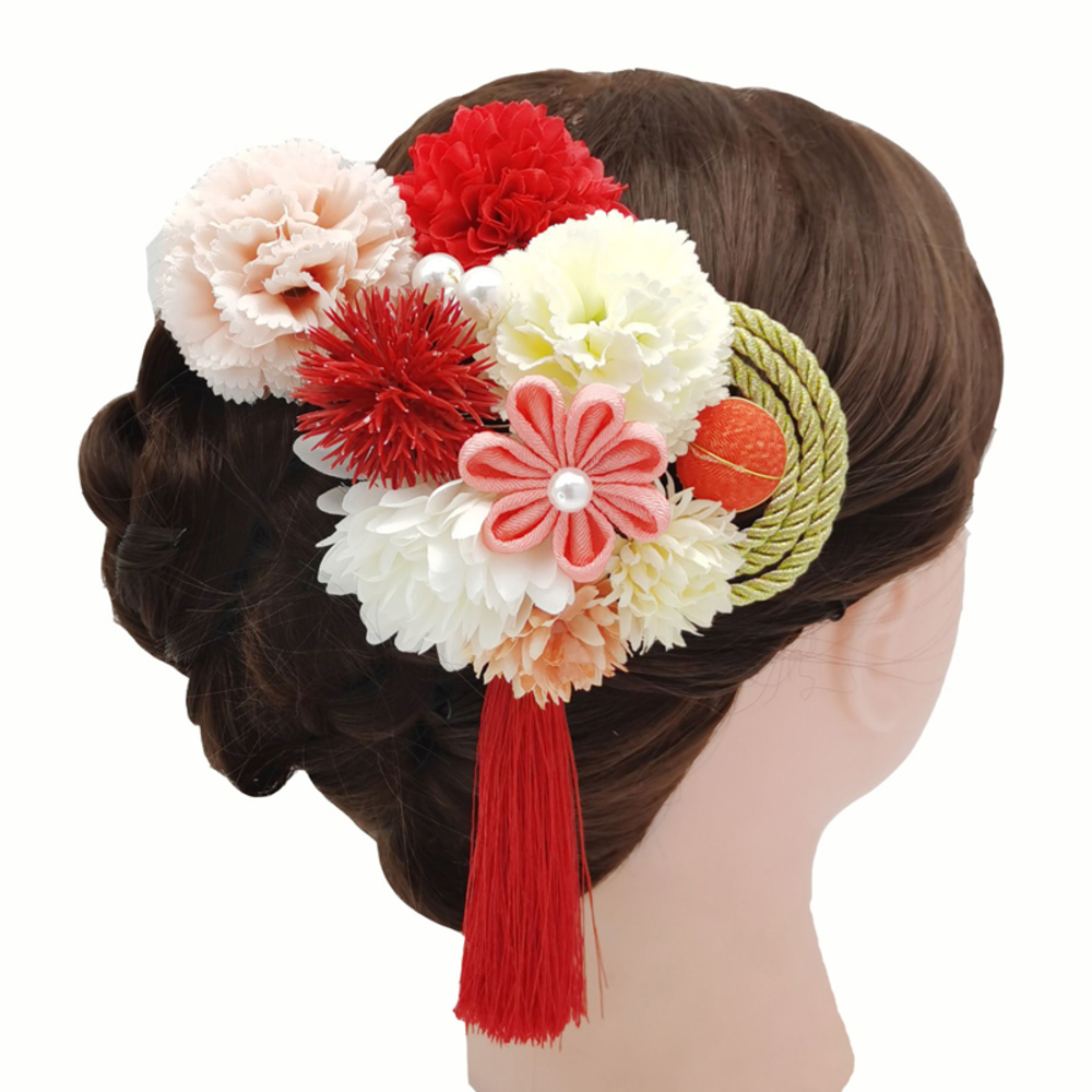 髪飾り 3点セット 和装 成人式 卒業式 振袖 袴 花飾り 簪 かんざし 赤 白 タッセル付き ヘア