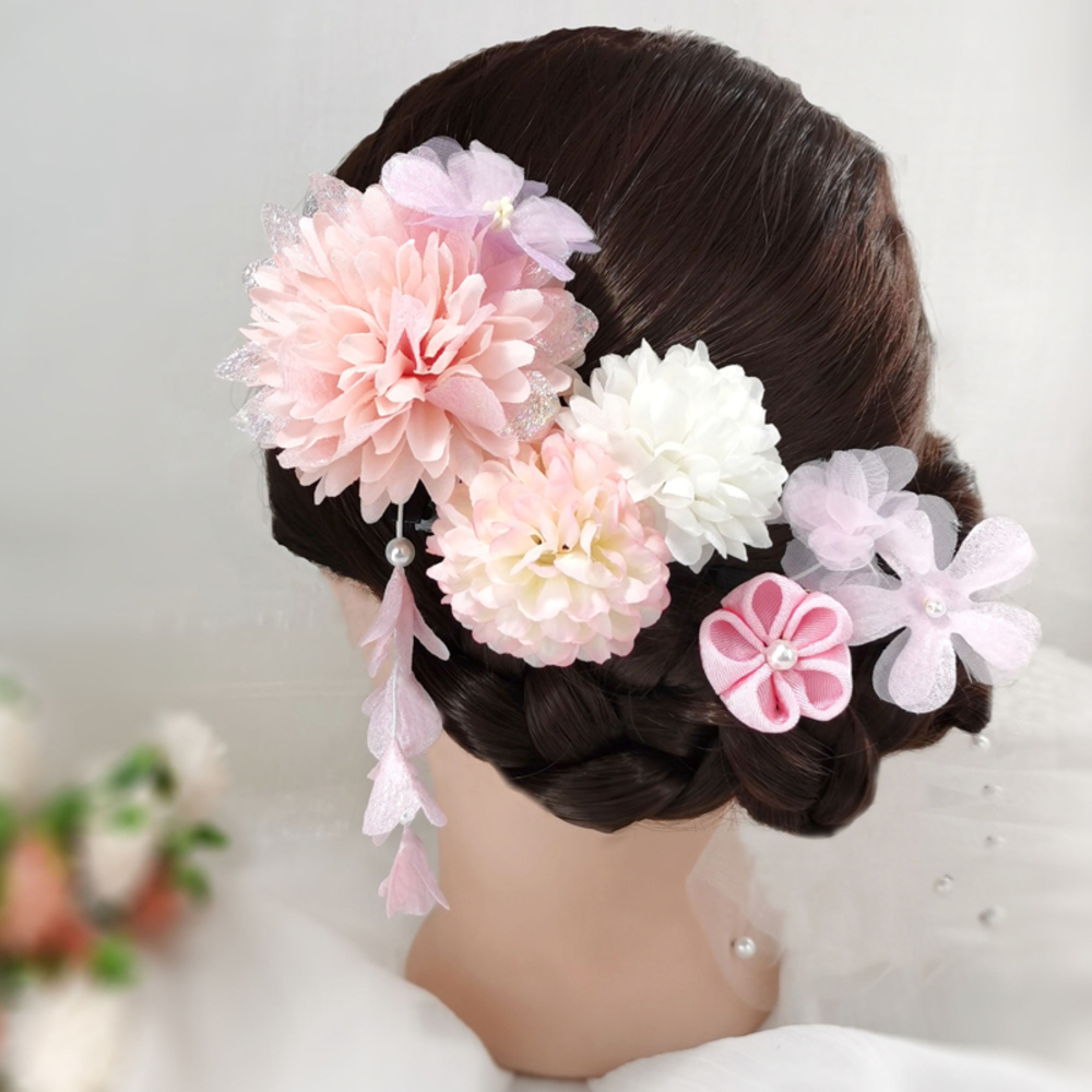 誕生日 卒業式 入学式 4点セット 着物 成人式 浴衣 初詣 記念写真 髪飾り 振袖 和  ピンク