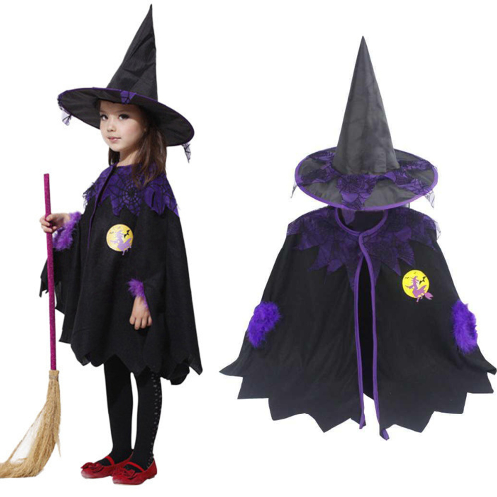 Cute children's Halloween costume robe set for kids, witch and wizard, conical hat, 100cm｜100cm - 画像2