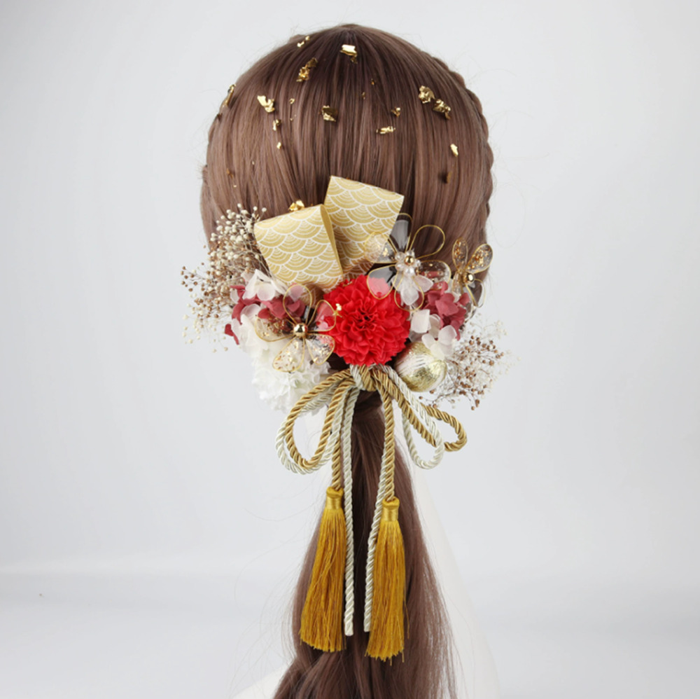 髪飾り 和装 金箔仕上げ 15点セット 成人式 水引 組紐 成人式 振袖 着物 和服 卒業式  赤