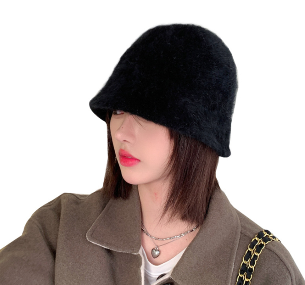 帽子 レディース 起毛ボウ 無地柄 クローシュハット バケットハット ふんわり 防寒グッズ ブラック