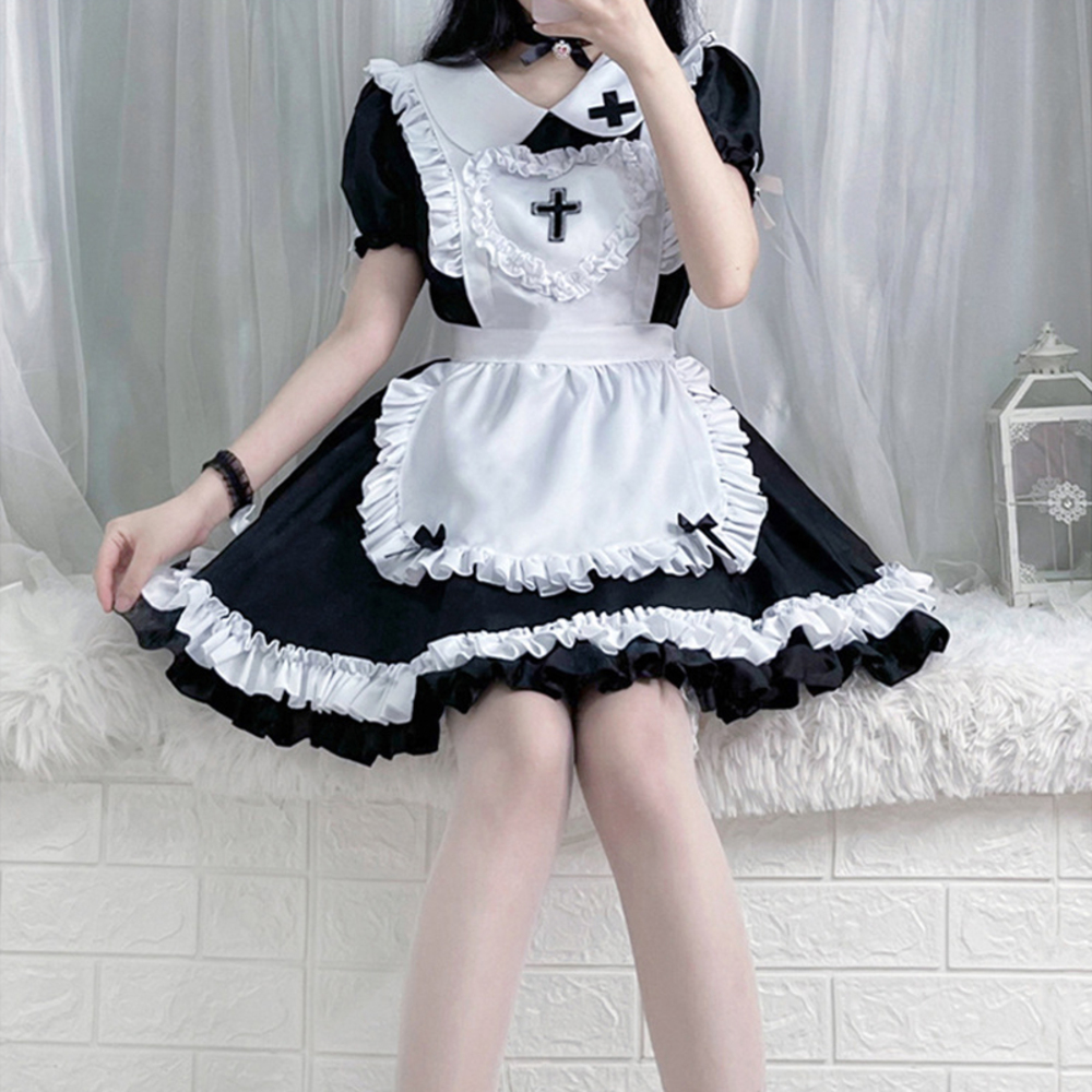 Maid costume, cross, cosplay, frilly dress, lolita style, mini skirt, Halloween, sister, black｜XL size - 画像2