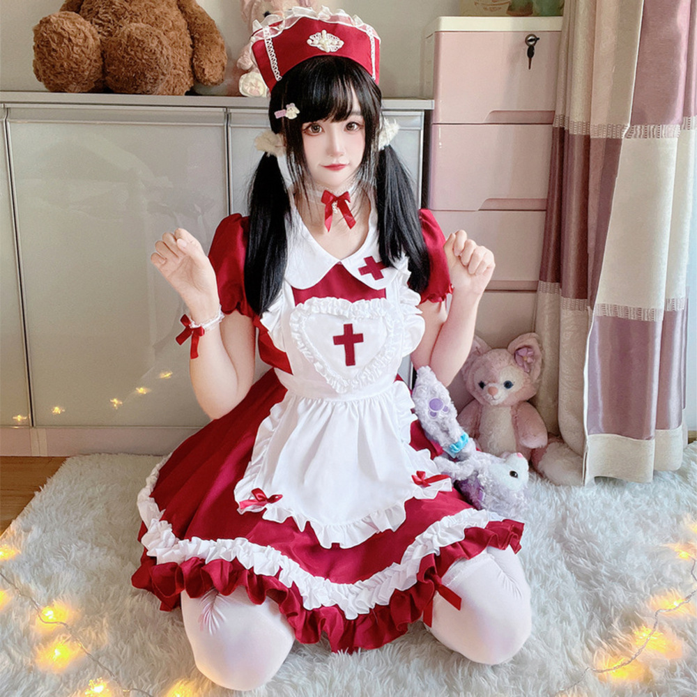 Nurse cosplay outfit, cross, frill, lolita, sister, Halloween costume, adult, women｜Red - 画像2