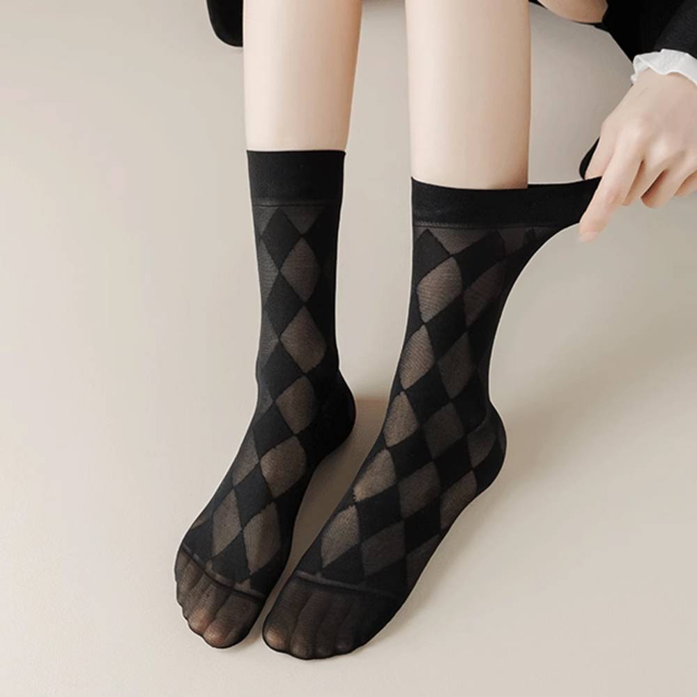 靴下 ダイヤ柄 シースルー 夏 地雷系 量産型 ゴスロリ レディース 可愛い ハイソックス ダイヤ-黒