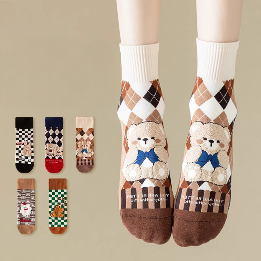 靴下 ソックス くま  5足セット 綿 ブラウン もこもこ 暖かい 春 秋 冬 クマ   チェック柄