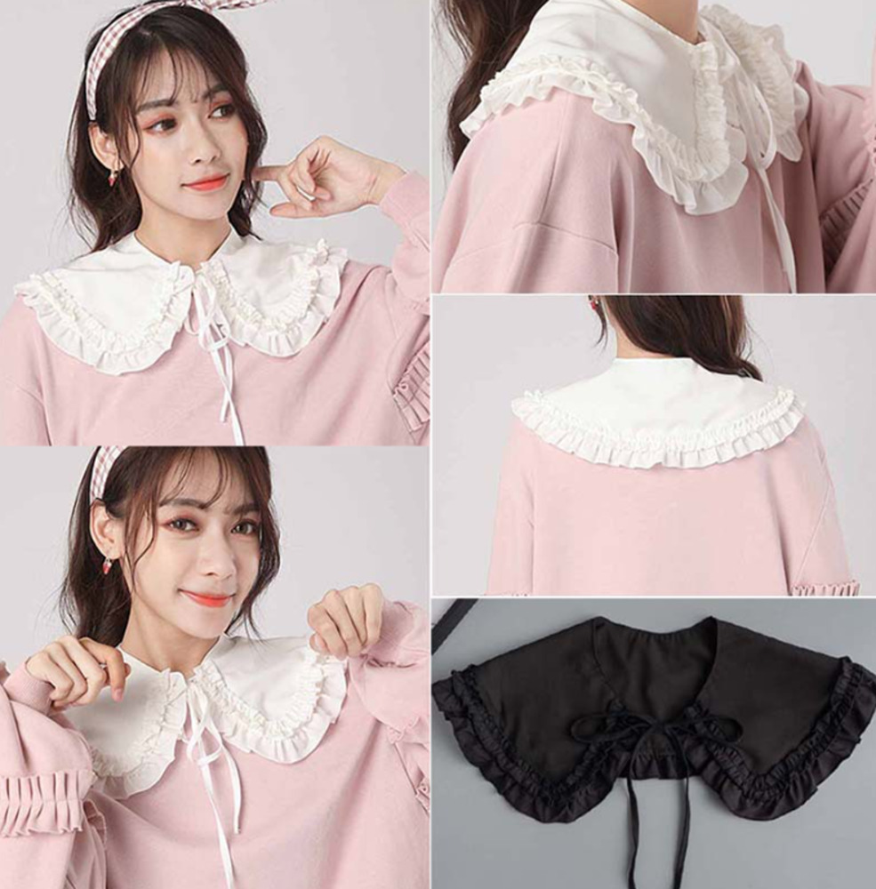 かわいい付け襟 リボン付き 取り外し可能偽襟 レイヤード セーター重ね着 フリル襟 春秋冬 ブラウス 