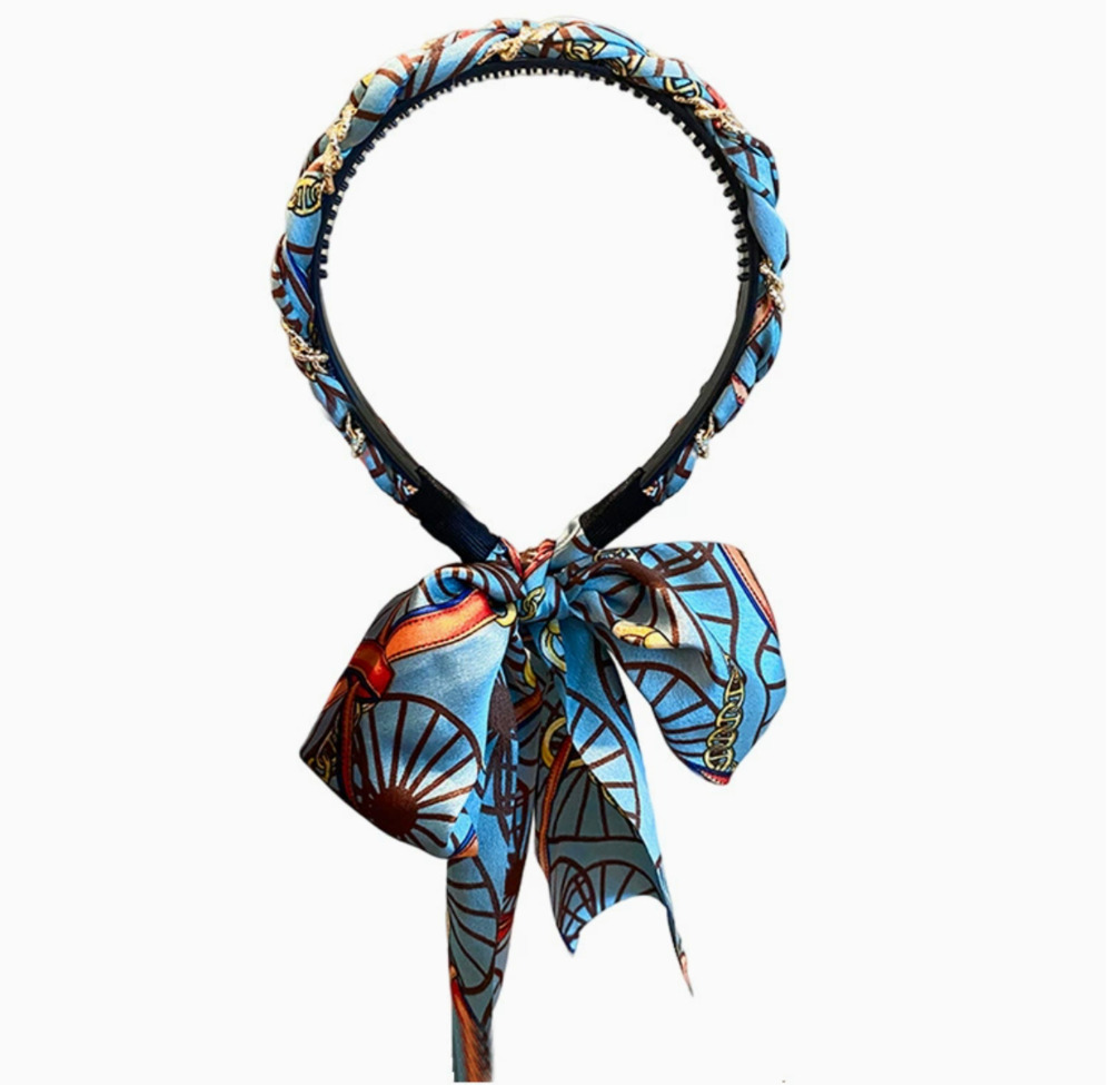 スカーフ カチューシャ ヘアバンド シュシュ付き ヘアアクセサリー レディース ブルー 髪飾り ブルー