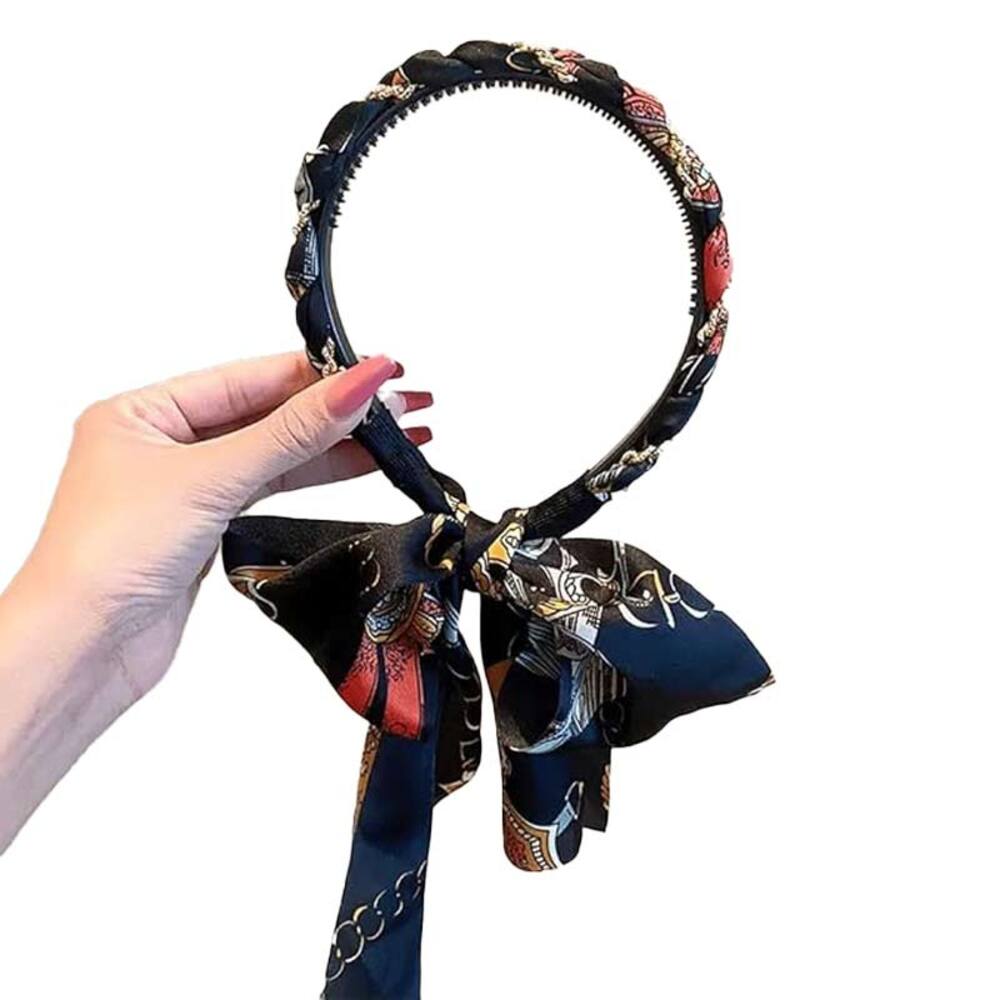 スカーフ式カチューシャ 三つ編み リボン ヘアバンド シュシュ ヘアアクセサリー   ブラック