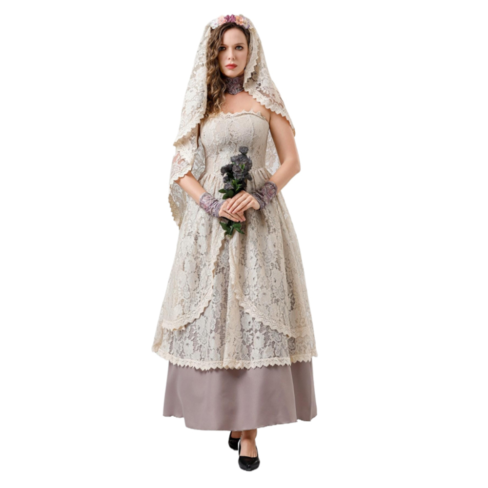 中世 コスプレ 花嫁 ドレス ヴィクトリア 衣装 仮装 ハロウィン コスプレ レース ワンピース ベール 舞台 S