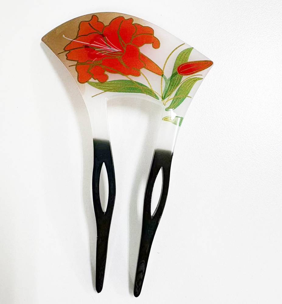 和装 かんざし 百合 花 ユリ 二本足 ヘアアクセサリー 髪飾り バチ型簪 ｜白金 - 画像1