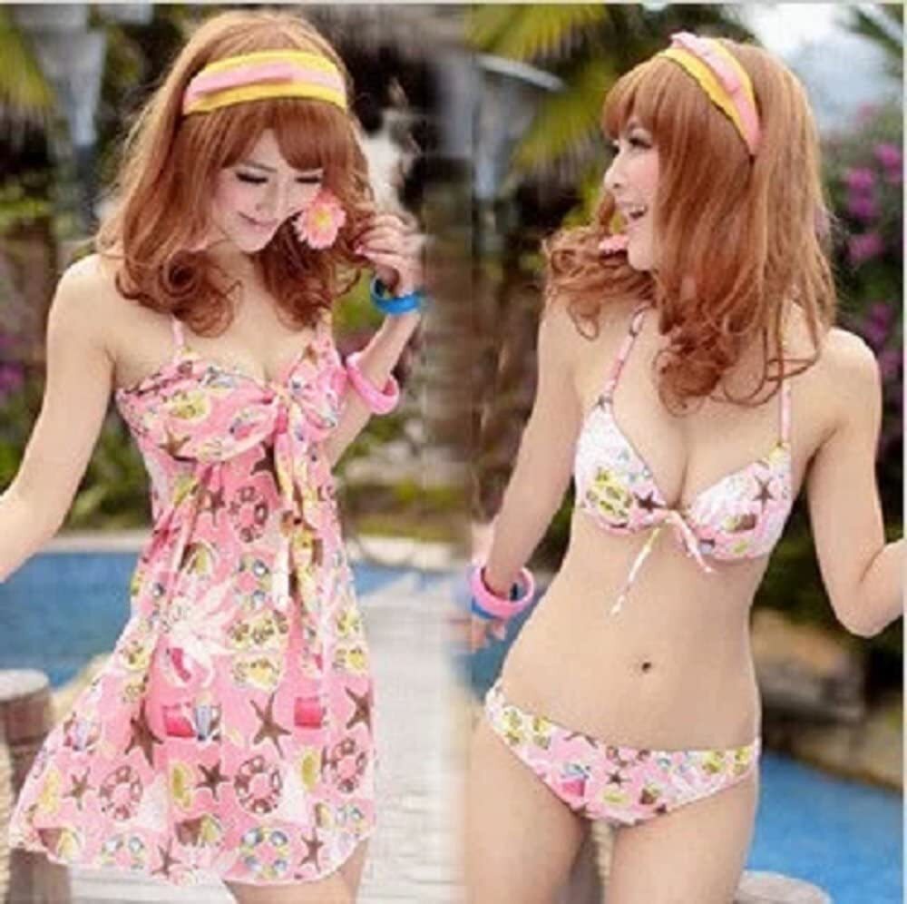 Swimsuit Ladies Large Size Bikini 3-Piece Set Pink Body Coverage Cute Summer Beach XL｜XL - 画像2
