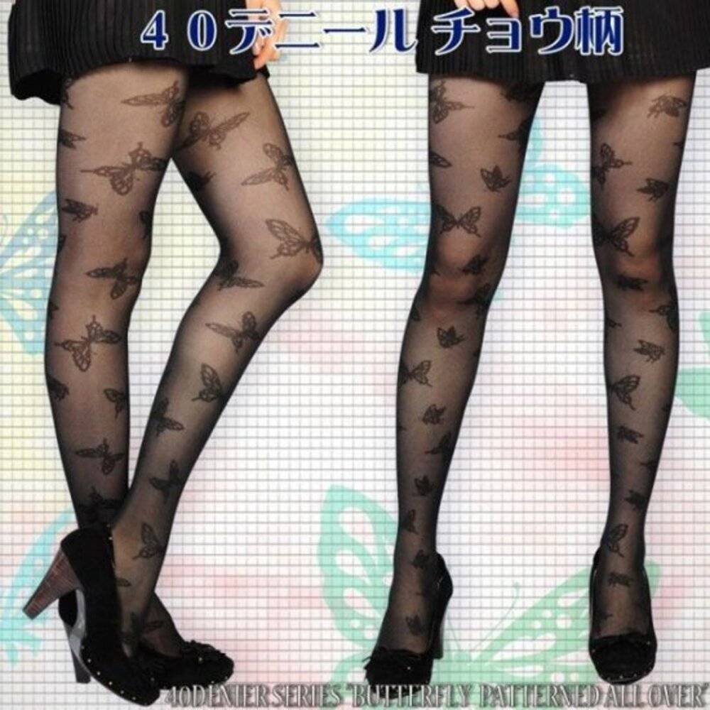40デニール 柄タイツ チョウ柄 タイツ 蝶 黒 ゴシック ゴスロリ 病み系 透け  ブラック