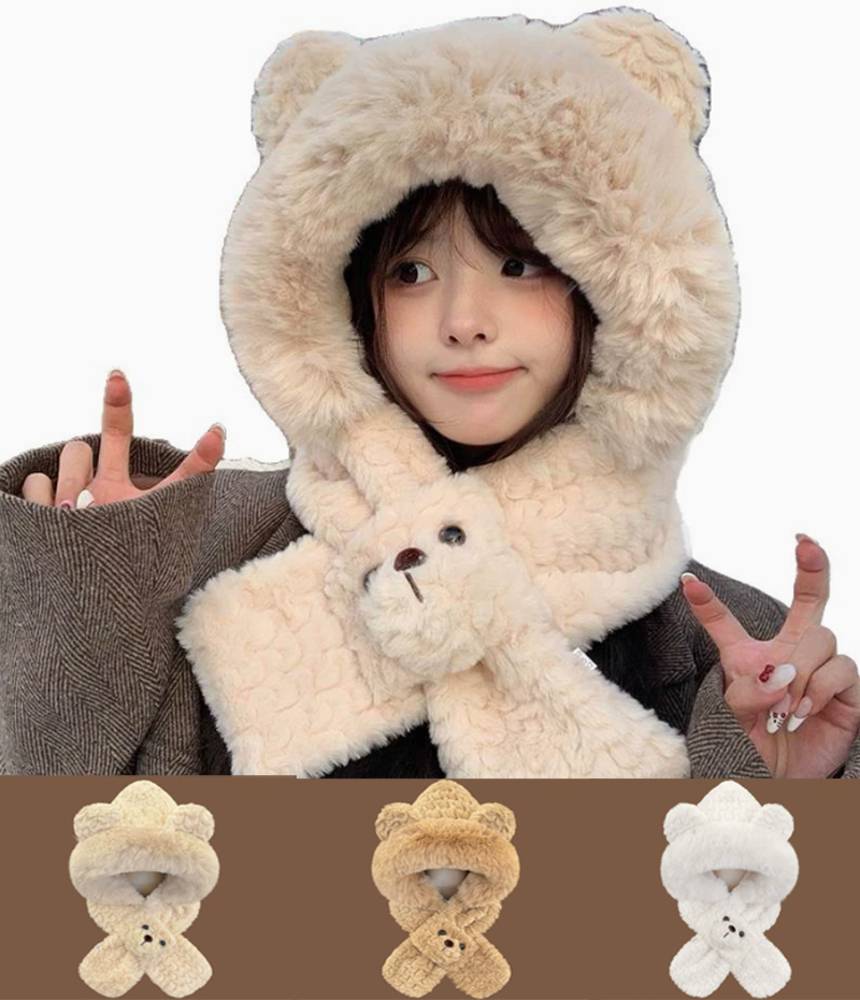 熊 ぬいぐるみ帽子 かわいい ふわふわ マフラー スカーフ クマ 耳あて 防寒性 保温性 