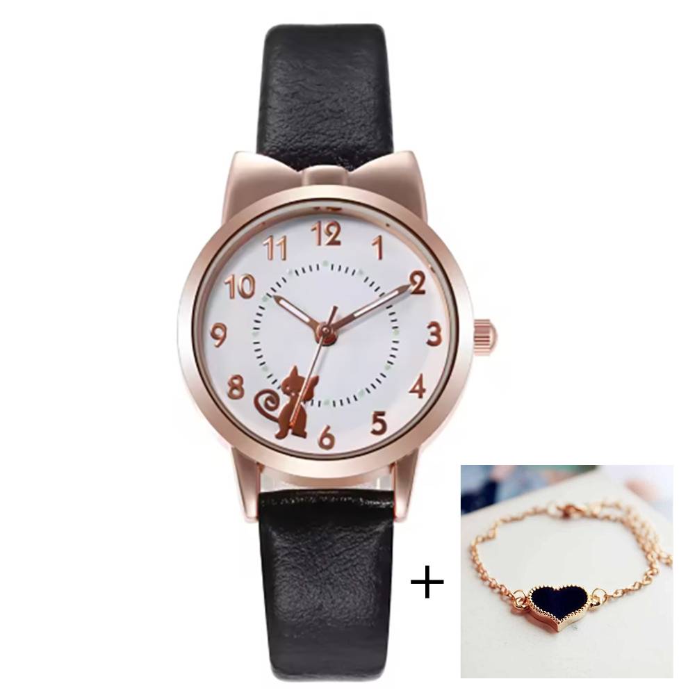 レディース 子供 アナログ 腕時計 猫 デザイン 女の子 キッズ プレゼント ブラックセット