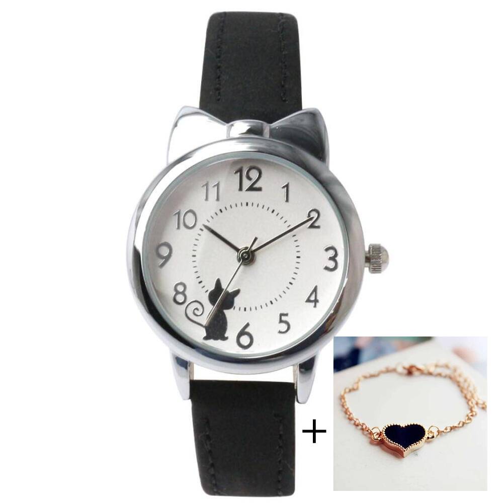 レディース 腕時計 子供 アナログ 猫 猫耳 ファッション クウォーツ ブラックシルバーセット