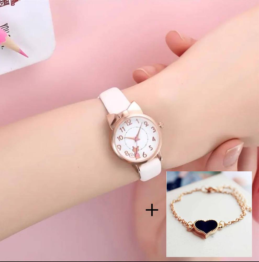 カジュアル 女の子 猫耳 キッズウォッチ ブレスレッド付き プレゼント  ホワイトセット