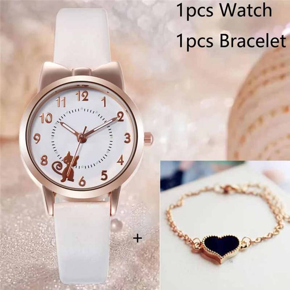 カジュアル 女の子 猫耳 キッズウォッチ ブレスレッド付き プレゼント  ホワイトセット