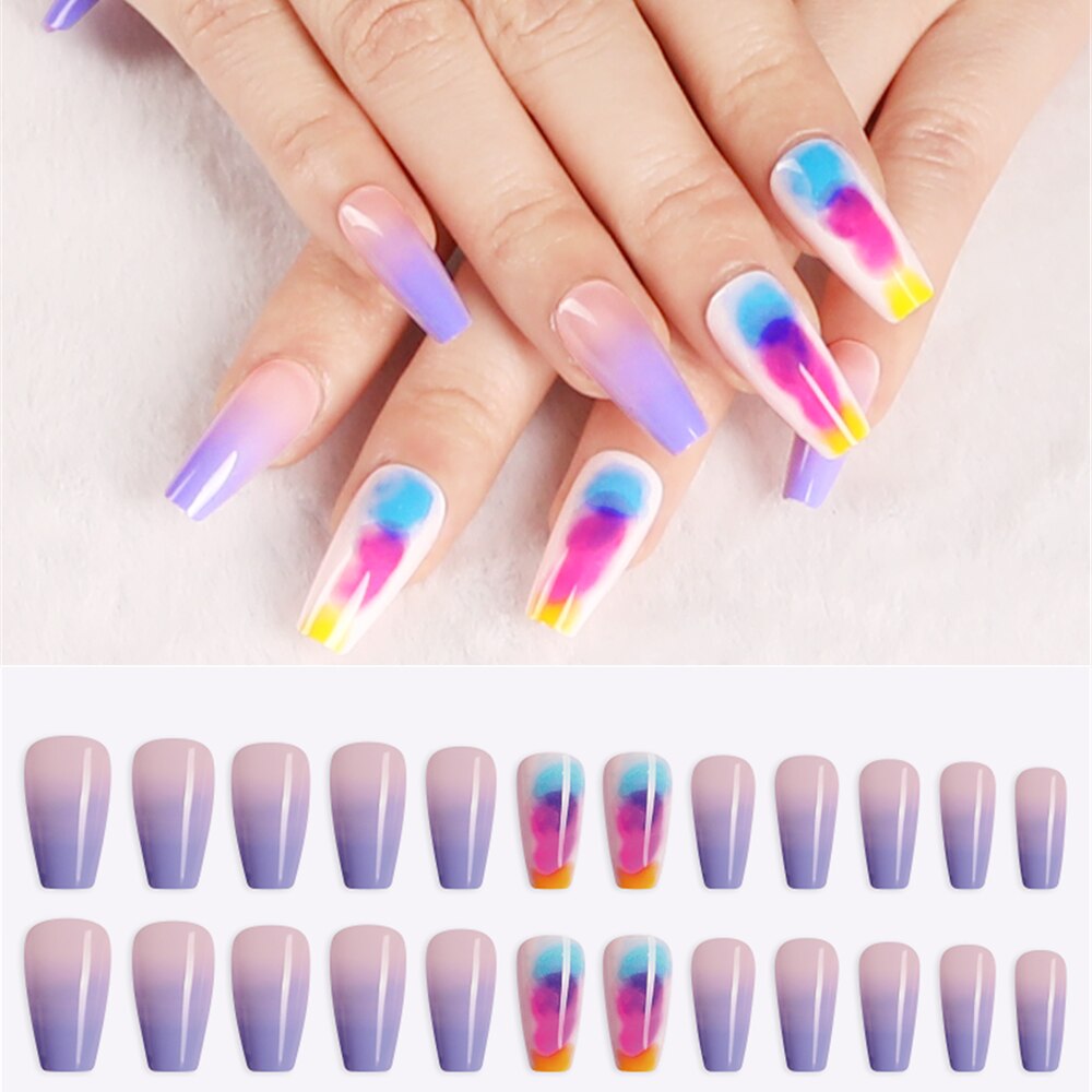 ネイルチップ パープル グラデーション レインボー ロング スクエア ギャル フェス 推し活 11｜11 - 画像3