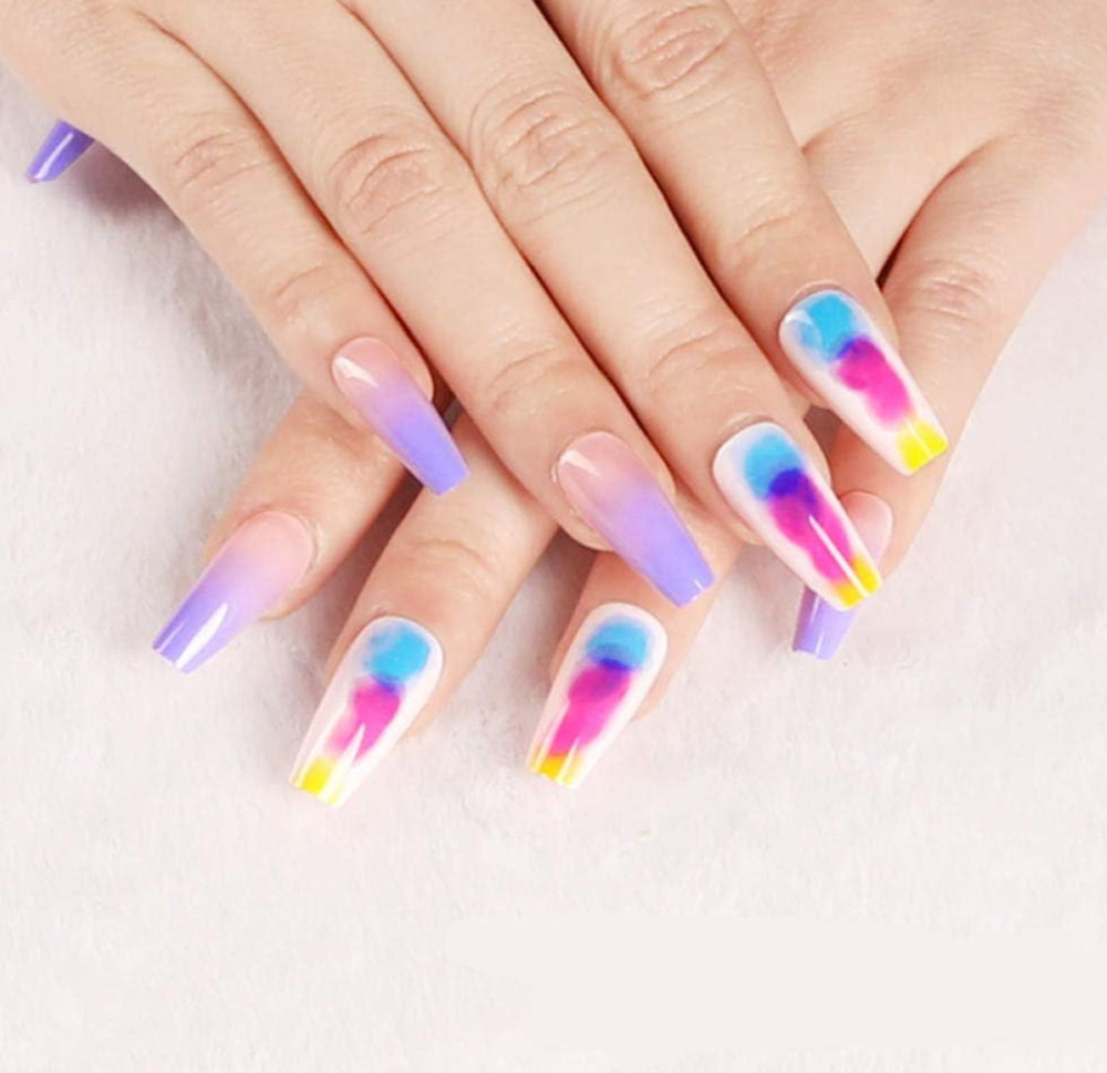 ネイルチップ パープル グラデーション レインボー ロング スクエア ギャル フェス 推し活 11｜11 - 画像4