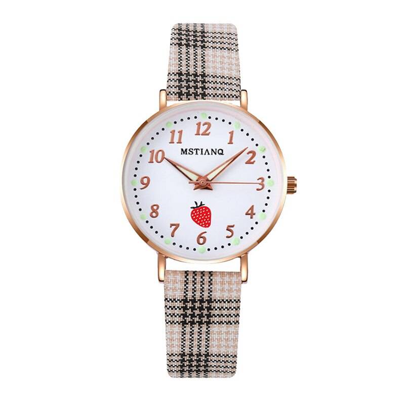 腕時計 女の子 子供 キッズ レディース チェック いちご かわいい プレゼント ギフト ベージュ