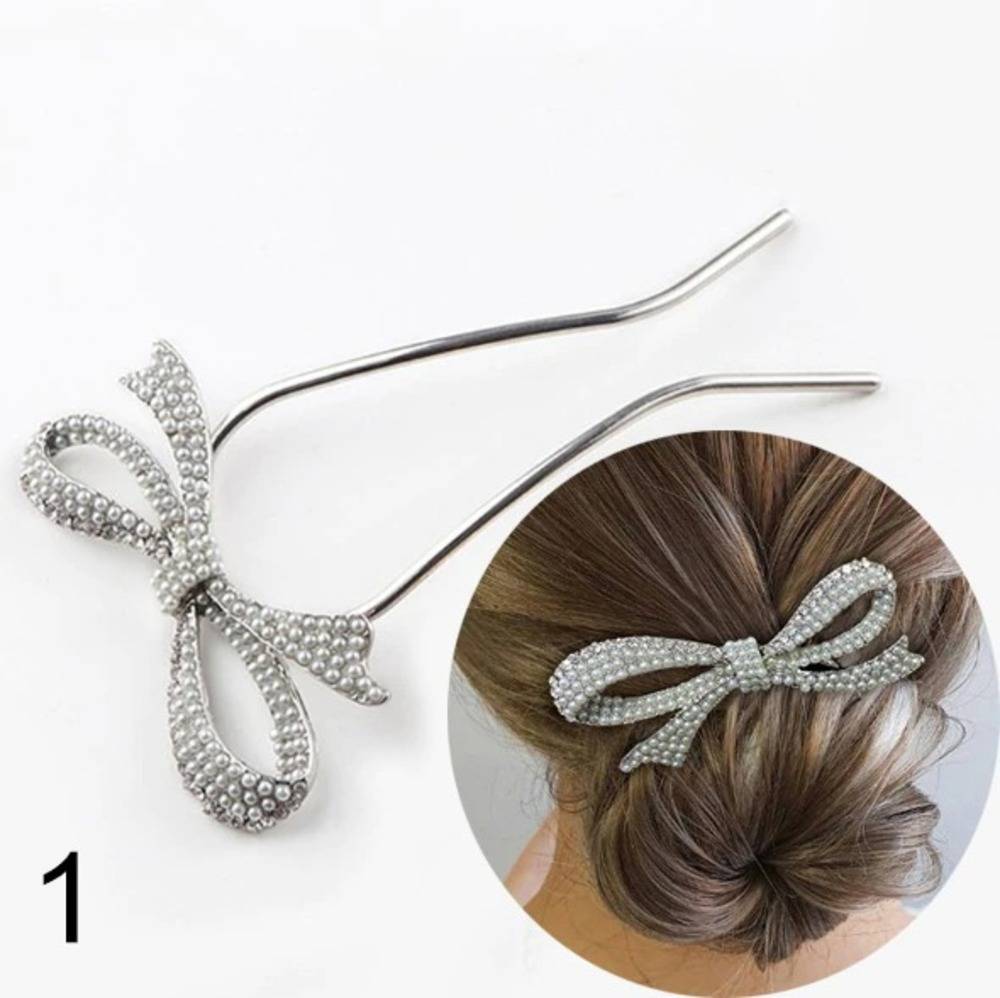 リボン ヘアピン 気質 エレガント 髪留め ブライダル クリスタル 髪飾り ヘア  1シルバー｜1シルバー - 画像2