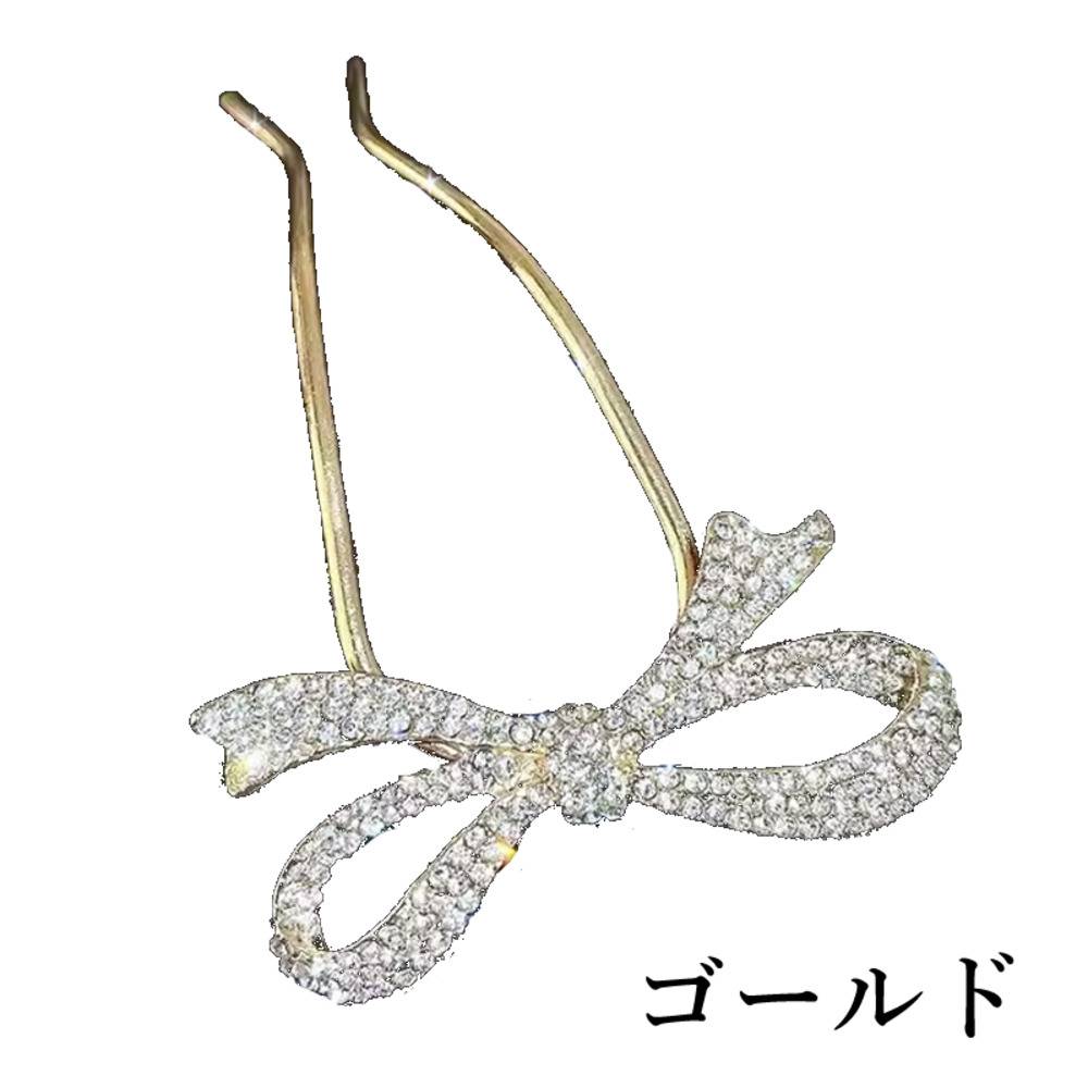 リボン U字 ヘアクリップ パール風 ヘアスティック レディース マジェステ かんざし風 ヘアアクセサリー 和風 おしゃれ 髪飾り ゴールド｜ゴールド