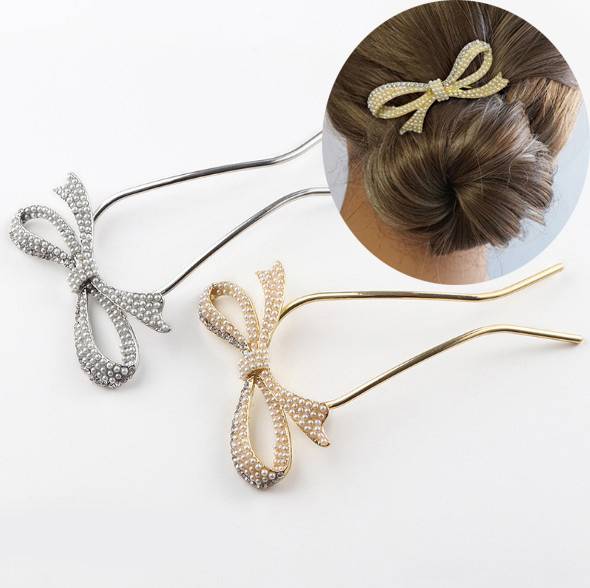 リボン U字 ヘアクリップ パール風 ヘアスティック レディース マジェステ かんざし風 ヘアアクセサリー 和風 おしゃれ 髪飾り ゴールド