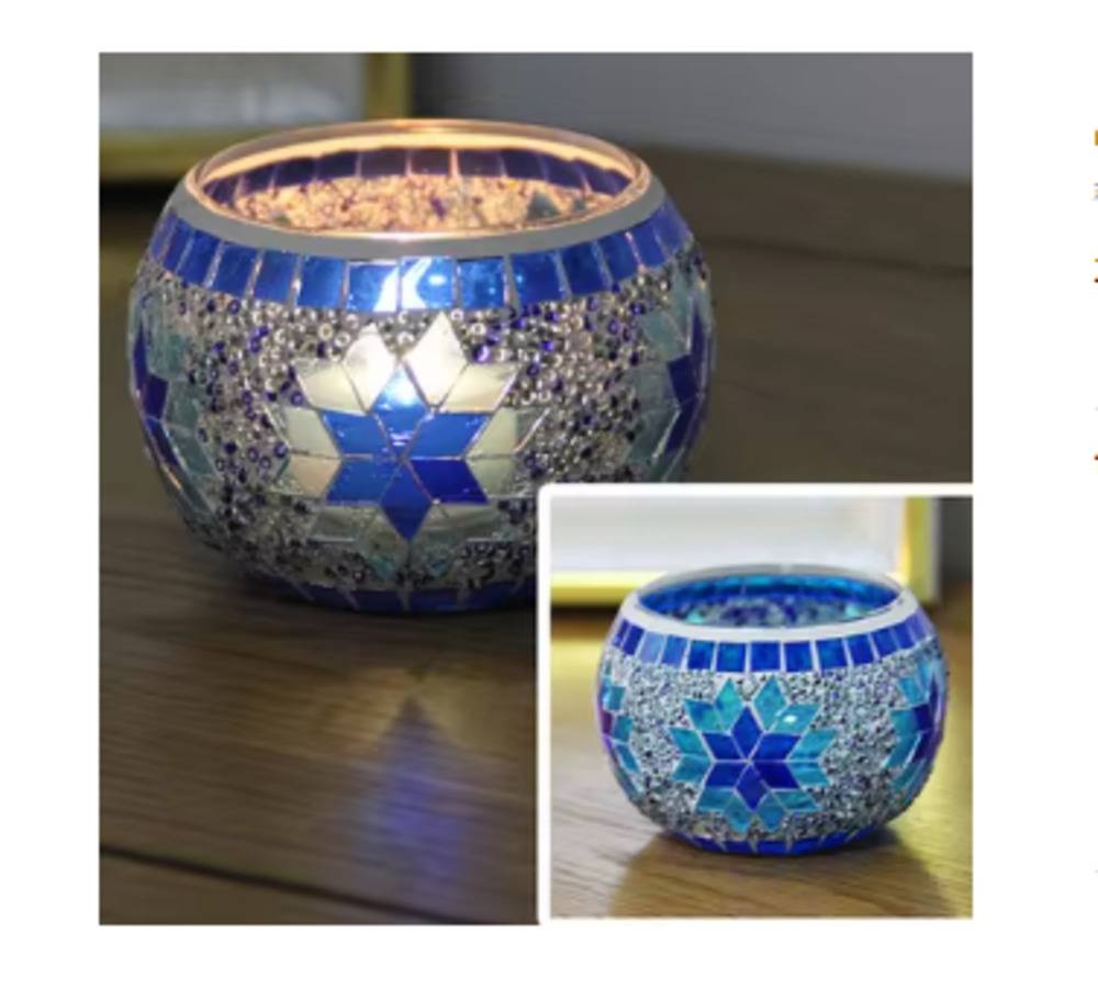 キャンドルホルダー  ガラス燭台  カラー スノーフレーク モザイク  雪 結晶 模様 癒し 青