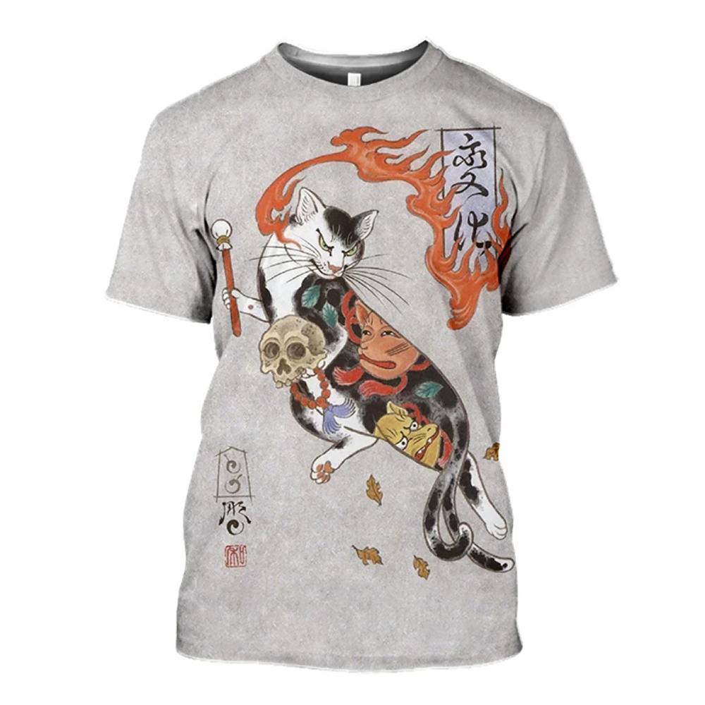 武士 猫侍 3Dプリント Tシャツ メンズ 半袖 冷感 和風 レトロ 和柄 浮世絵 猫 サムライ  31501