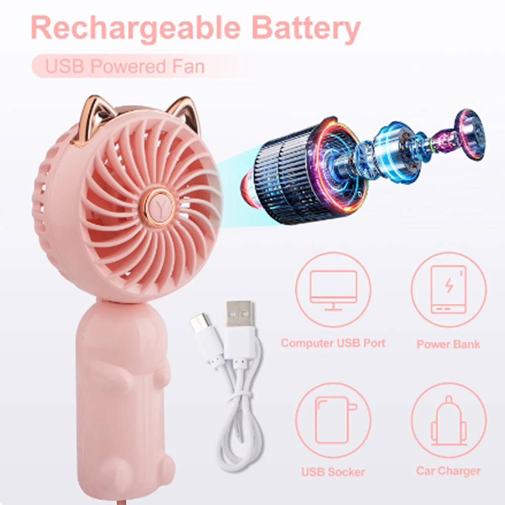 扇風機 ハンディファン 猫型 ネコ 卓上 ポータブル 手持ち かわいい USB充電 軽量 ピンク