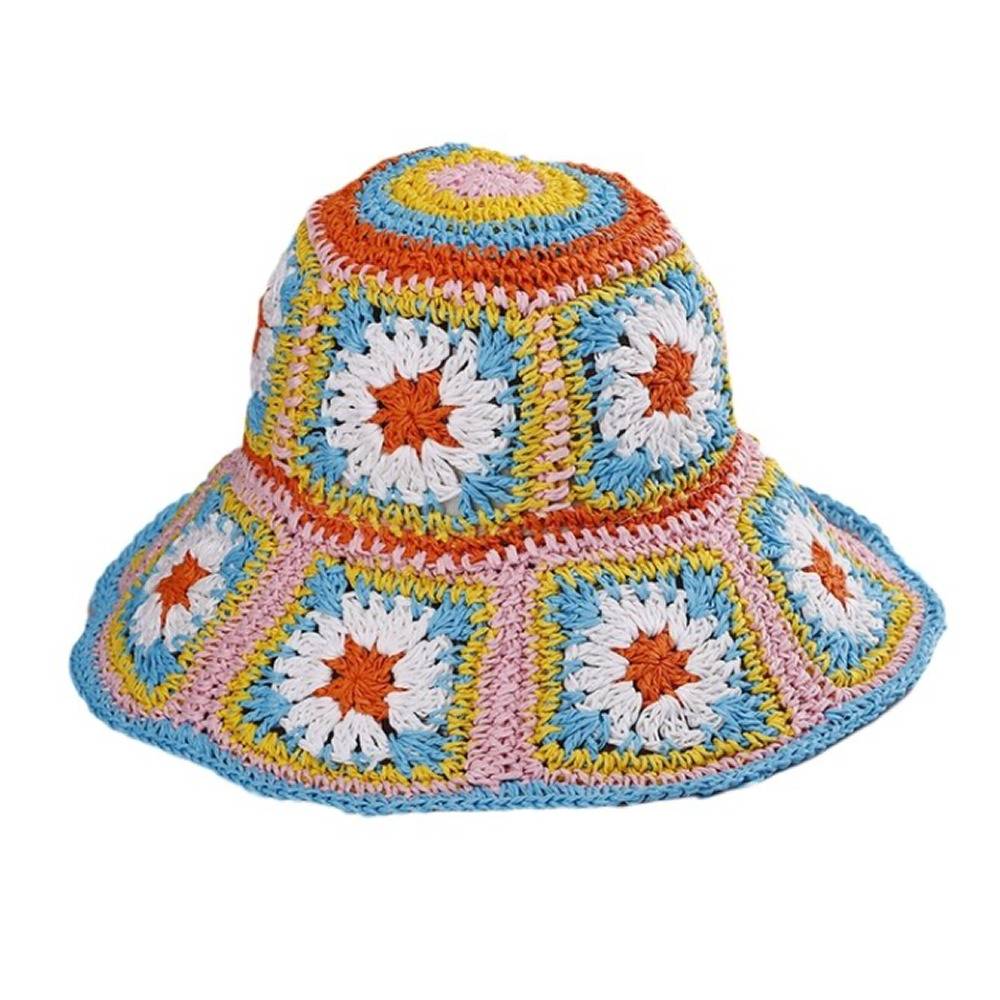 麦わら帽子 かぎ針編み バケットハット エスニック アジアン レトロ 春 夏  帽子 おしゃれ 水色