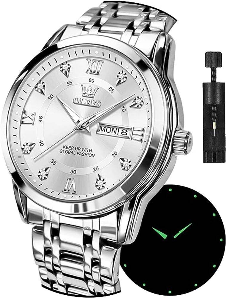 OLEVS 腕時計 メンズ 男性用 シルバー 人気 クォーツ カレンダー 防水 ブランド ステ  silver