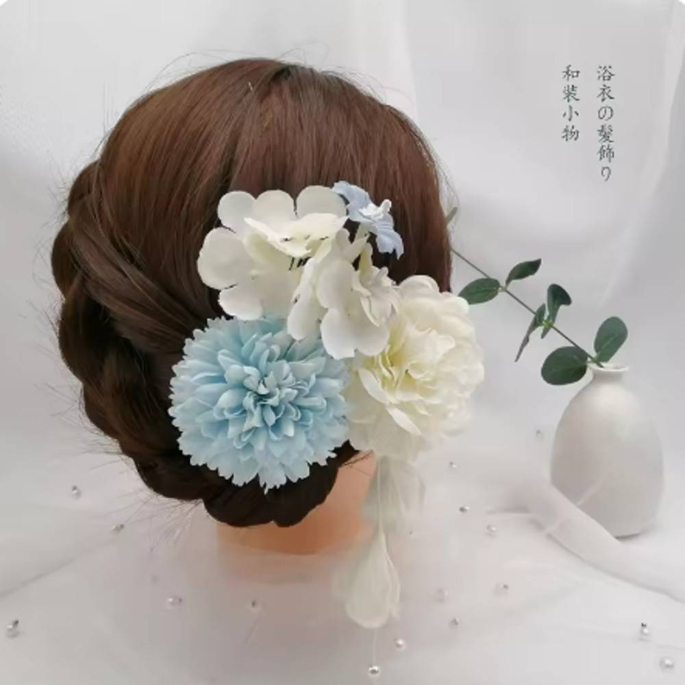 可愛い 花 パール リボン 卒業式 和風 着物 成人式 七五三 夏祭り ヘアアクセサリ  ブルーA