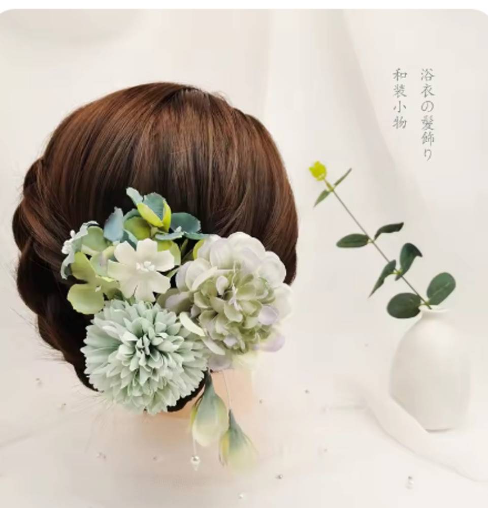 可愛い 花 パール リボン 卒業式 和風 着物 成人式 七五三 夏祭り ヘアアク  グリーンA