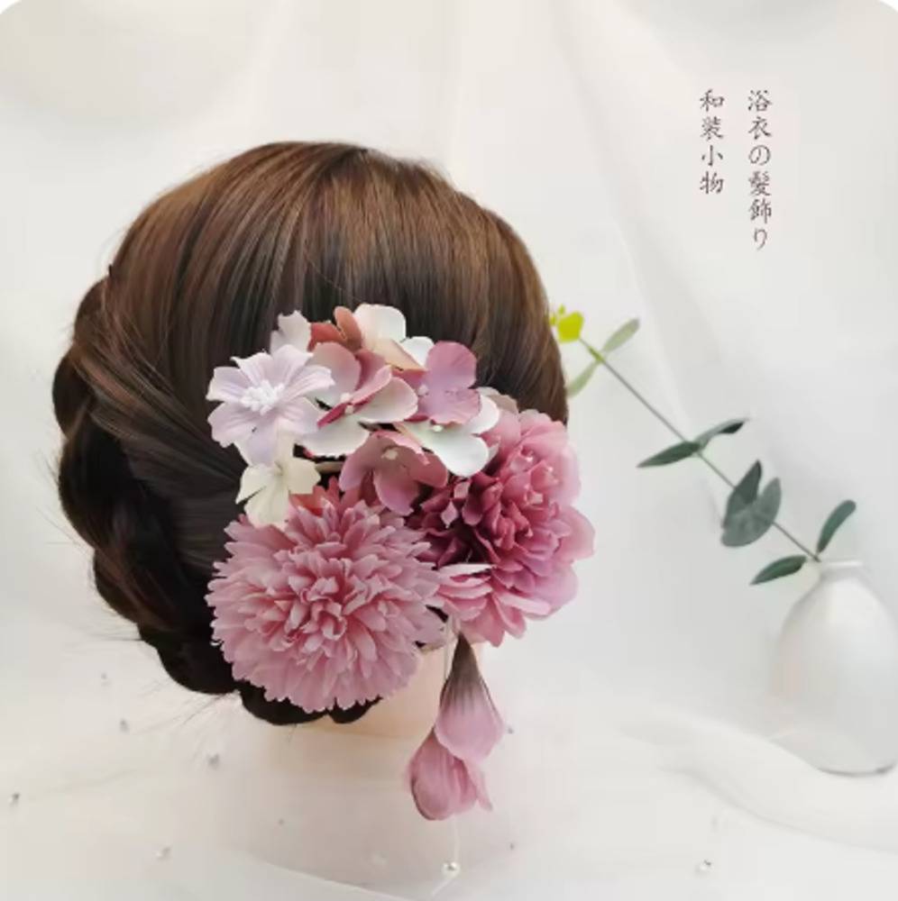 可愛い 花 パール リボン 卒業式 和風 着物 髪飾り 成人式 七五三 夏祭り ヘアアクセサリ  ピンクA