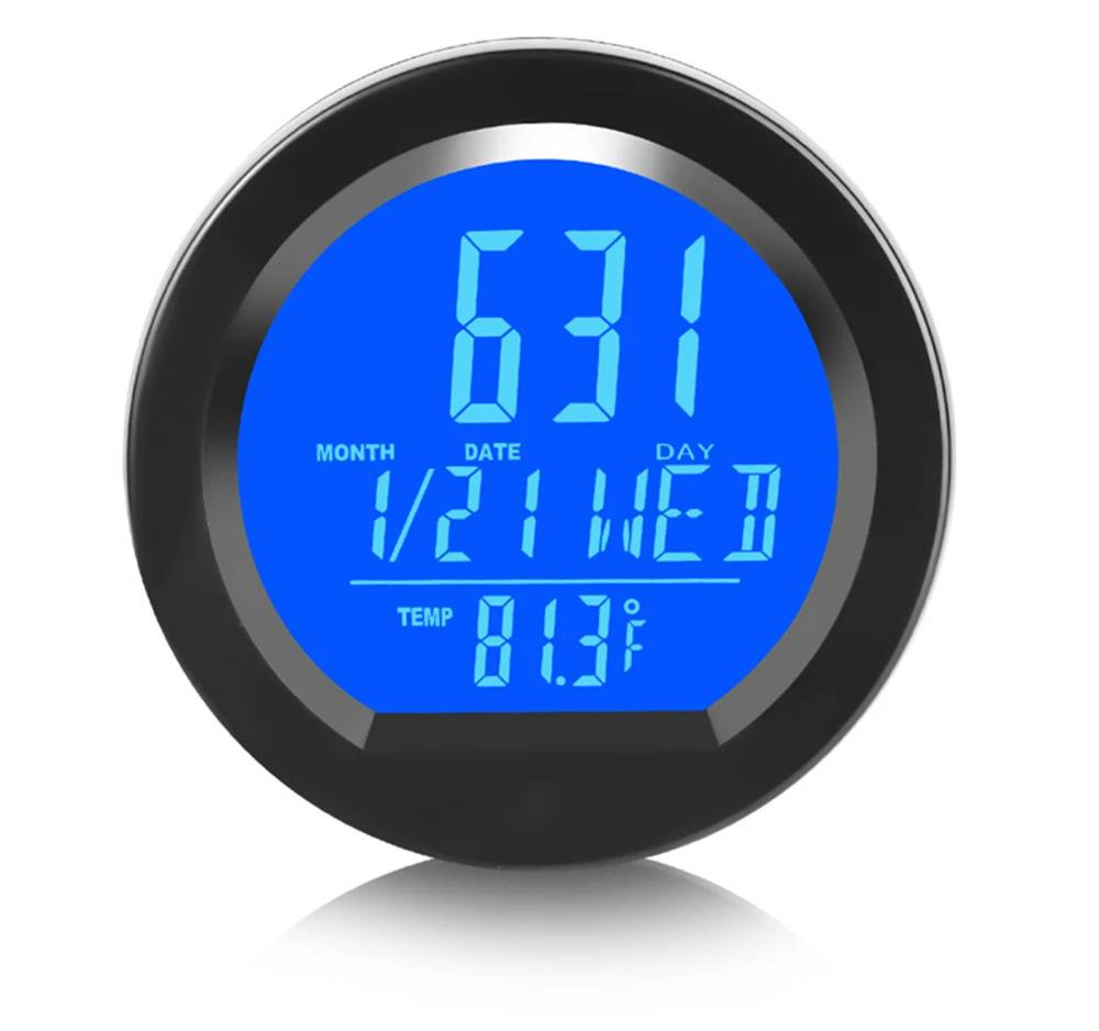 ソーラー充電 デジタルクロック 温度計付き 多機能 卓上時計 車用 カレンダー ボタン電池併用 青