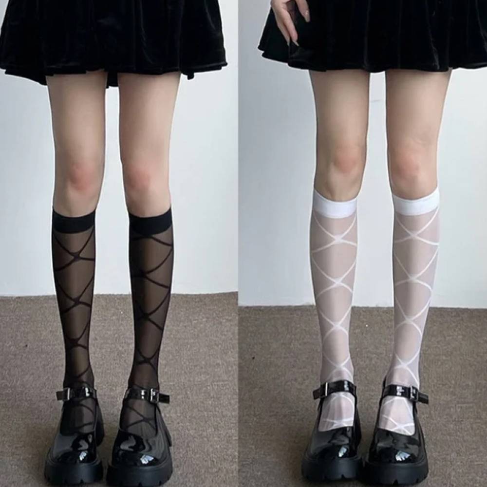 シースルー ハイソックス ひし形 ダイヤ柄 ロリータ 地雷系 白黒 ペア セット ひし形
