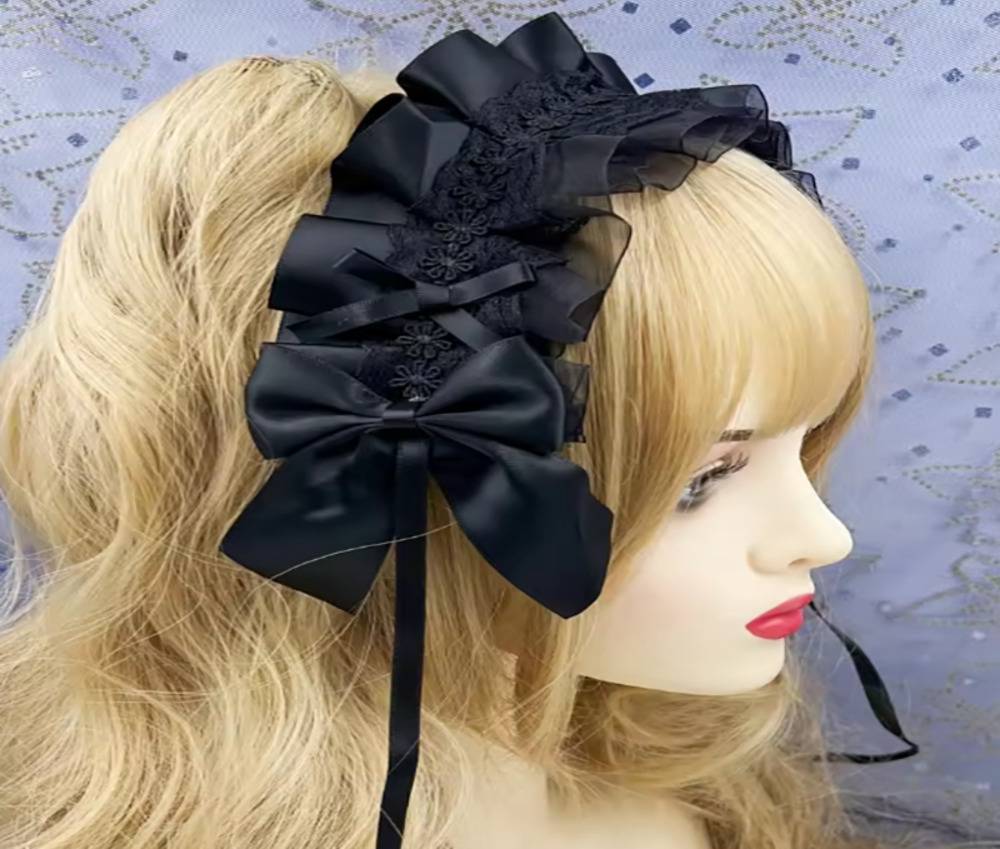 ロリータ ヘッドドレス ブラック リボン レース 花飾り ハンドメイド ゴスロリ メイド コスプレ